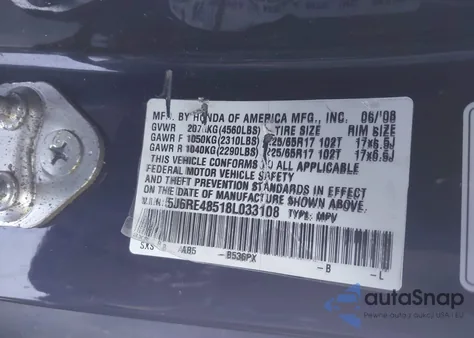 2008 Honda Cr-V Ex z USA, uszkodzony, nr VIN 5J6RE48518L033108